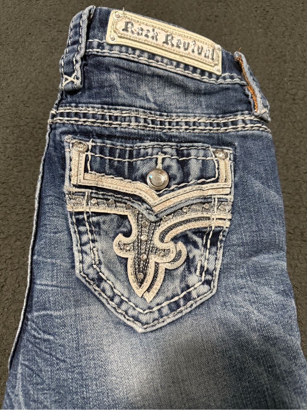 Size 26 Rock Revival Mid-Rise Straight Blue Distressed Embroidered Jeans